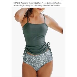 CUPSHE Women Sage Green Ribbed Tankini Set Floral High Waisted Swimsuit Large